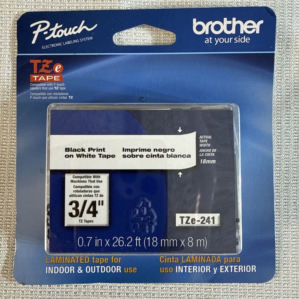 Genuine Brother P-Touch TZe-241 Black Print on White Laminated Tape 3/4" x 26.2'